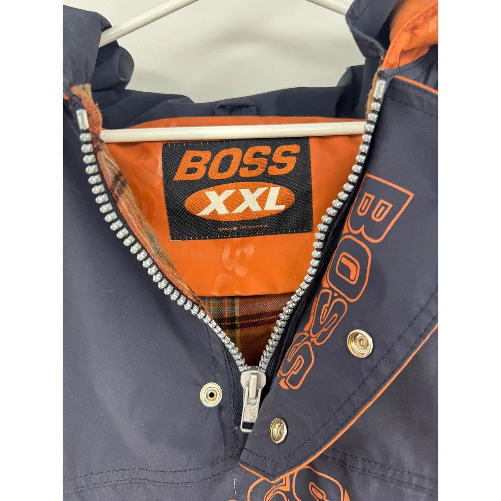 Vintage BOSS Anorak Jacket Mens XXL Orange Navy Blue Logo Print Windbreaker Hood
